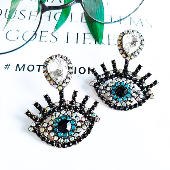 2/$20! Gold/Crystal Evil Eye Statement Earrings - Picture 4 of 7